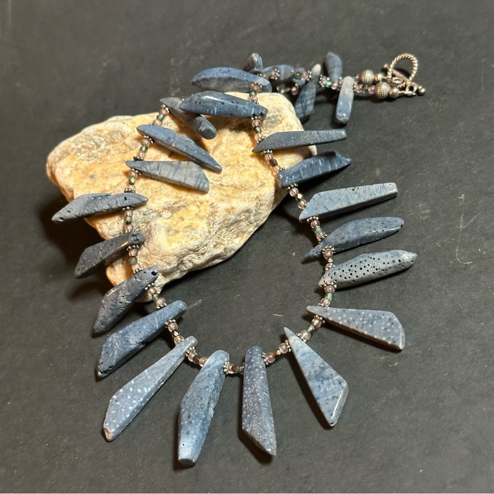 Natural Blue Coral Necklace. Beaded, handmade artisan jewelry. 16 inches chocker